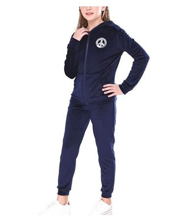 V.&GRIN Girls Tracksuit 2 Piece Outfit Velour Zip Up Hooded Sweatshirt and Athletic Sweatpants Clothes Kids Jogger Set Navy 10-12 Years