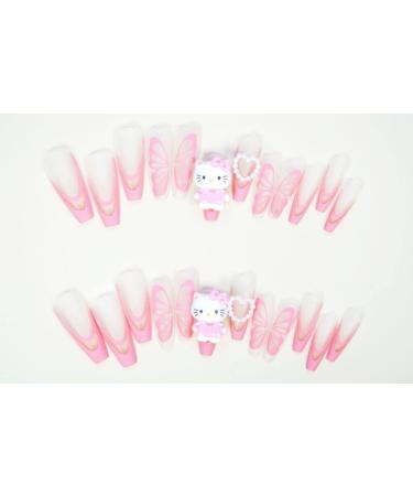 JUSTOTRY 24 Pcs Cute Cartoon Long Butterfly Pink French Press-on Nails | Heart Ballerina Stick-on Acrylic Coffin Fake Nails for Women | Medium Size with Glue for Nail Art - Buy Online on GoSupps.com