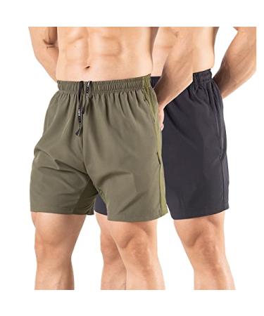 Gaglg Men's 5" Running Shorts 2 Pack Quick Dry Athletic Workout Gym Shorts with Zipper Pockets Medium Black/Green