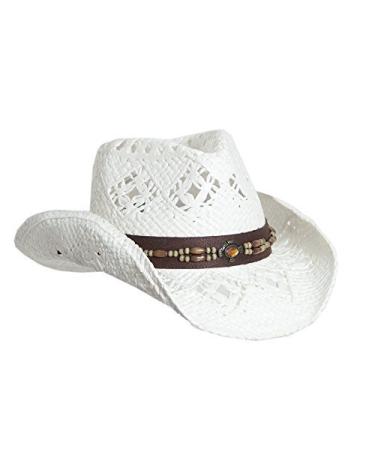 Vamuss Straw Cowboy Hat W/Vegan Leather Band & Beads, Shapeable Brim White