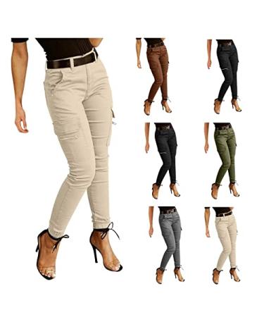ZOOJINFAR Cargo Jeans for Women High Waist Tapered Jogger Pants Elastic Waistband Slim Fit Sweatpants with Flap Pockets Grey Medium
