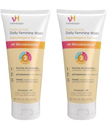 vH essentials Daily Feminine Wash - Fragrance Free Hypoallergenic with Tea Tree Oil & Prebiotic - For Ph Balance Intimate Odor Block Vaginal Health - Gentle Formula Body Care - 6 Fl Oz (Pack of 2)