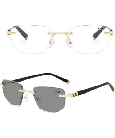 Multifocus Rimless Reading Glasses for Men | Blue Light Blocking Photochromic & UV Protection - Gold Size 2.5x - Buy Online on GoSupps.com