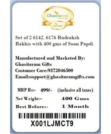 Ghasitaram Gifts Rakhi for Brother Rakhis Online - Set of 2 6142 6176 Rudraksh Rakhis with 400 GMS of Soan Papdi - Buy Online on GoSupps.com