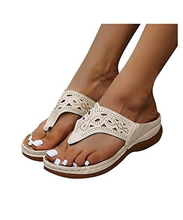 NLOMOCT Sandals for Women Dressy Summer, Women's Bohemian Low Wedge Sandals Casual Silp On Thong Shoes Roman Platform Sandals Beige 8