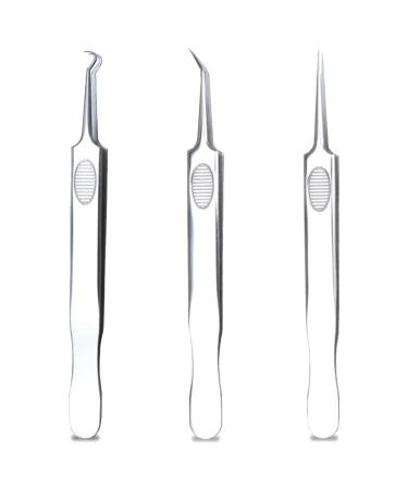 TAIOSNADJ 3 Piece Set Blackhead Remover Tool Set Professional Comedones Extractors Stainless Steel Ingrown Hair Tweezers Sharp Tip Tweezers for Acne Splinter Ticks Facial Brow and Ingrown Hair Removal