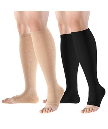 Bropite Open Toe Compression Socks for Men & Women - 2 Pairs of 15-20 mmhg toeless Circulation Medical Compression Socks Large-X-Large Black/Beige
