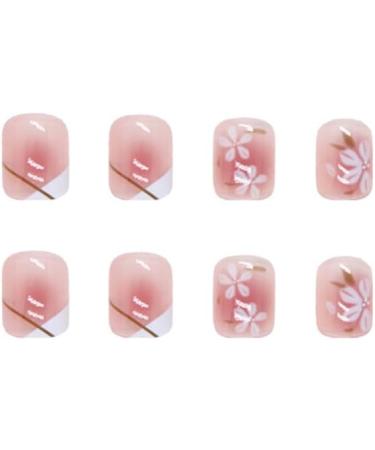 SINLOV Medium Long Square Fake Nails Pink Flower French False Nail Glossy Full Cover False Nails Press on Nails for Women and Girls - Buy Online on GoSupps.com