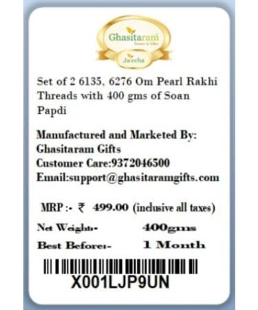 Ghasitaram Gifts Rakhi for Brother Rakhis Online - Set of 2 6135 6276 Om Pearl Rakhi Threads with 400 GMS of Soan Papdi - Buy Online on GoSupps.com