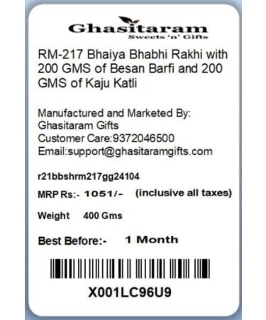 Ghasitaram Gifts Rakhis Online - Rakhi for Brother- RM-217 Bhaiya Bhabhi Rakhi with 200 GMS of Besan Barfi and 200 GMS of Kaju Katli Rakhi Set with 200 gms of Besan Barfi & Kaju Katli - Buy Online on GoSupps.com