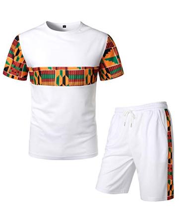 LucMatton Men's African Pattern Printed T-Shirt and Shorts Set Sports Mesh Tracksuit Dashiki Outfits White XX-Large