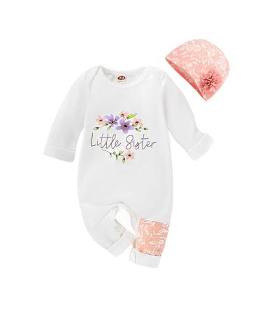 PythJooh Newborn Baby Girl One-Piece Little Sister Onesie Romper Bodysuit Infants Floral Overall Sleepsuit with Floral Hat Outfits for 0-12Months 0-3 Months Little Sister