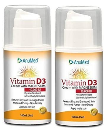 AnuMed Vitamin D3 Cream With Magnesium 10 000 IU | Healthy Skin Care & Face Cream | Maximum Calcium Absorption | Non-Greasy Moisturizer For Dry Skin - 3 Ounces Each (Pack of 2)