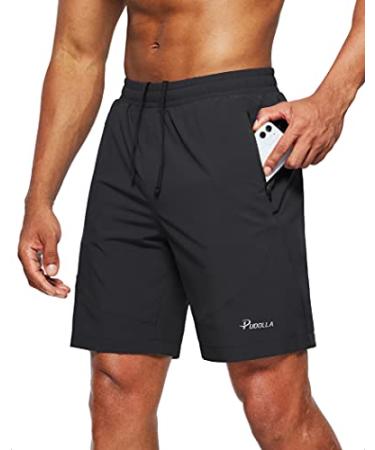 Pudolla Men's Workout Running Shorts Lightweight Gym Athletic Shorts for Men with Zipper Pockets Black Large