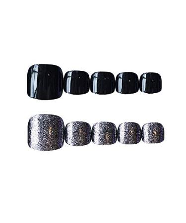 24pcs Short Glitter False Toenails with Glue Design Acrylic Short Fake Feet Nails for Women Press On Toenails for Women Glue On Toe Nails for Women