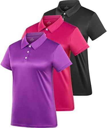 Women's Polo Tee Dry Fit Golf Shirt Moisture Wicking Short Sleeve Sport Activewear Golf Polo Tops Collar with Buttons Workout 3 Pack-black/Rose/Purple Large