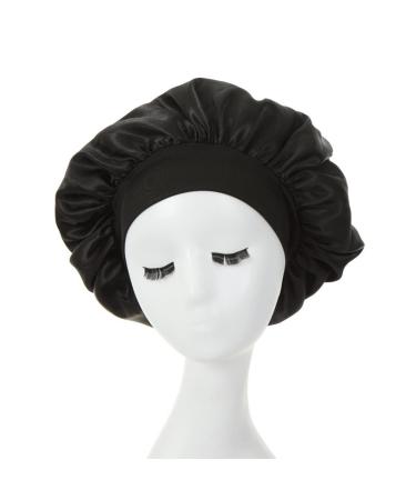 Hair Bonnet for Sleeping Wide Elastic Band Satin Bonnet Silk Bonnet Shower Cap for Women Girls Makeup Hair Care Elastic Hat Soft Sleep Cap Satin Head Cover for Night Sleep Curly Hair Protection Black