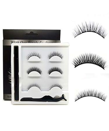 NO GLUE NO MAGNENT 3 Differt Pairs Makeup Magic Eyeliner Lashes Set Tweezer Handmade Natural And Dramatic Look False Eyelashes Eye Lashes Extension (01)