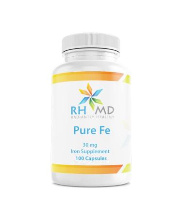 RHMD Pure Fe Iron Supplement - 30mg Ferrous Bisglycinate Chelate - Designed to be Well-Tolerated Well-Absorbed & Gentle on Stomach - Hypoallergenic (100 Capsules)