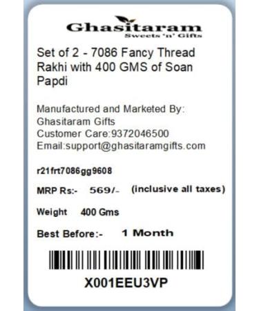 Ghasitaram Gifts Rakhi for Brother Rakhis Online - Set of 2-7086 Fancy Thread Rakhi with 400 GMS of Soan Papdi Set of 2 Rakhis with 400 gms of Soan Papdi - Buy Online on GoSupps.com