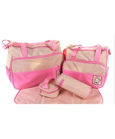 Multi-function 5-Piece Mummy Baby Diaper Nappy Changing Tote Shoulder Handbag Messenger Bag Light Weight with Bottle Bag Changing Mat Zipper Diaper Bag and Changing Mat Pink