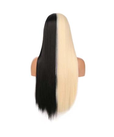 RONGDUOYI Half Black Half Blonde 24 Inch Wig with Bangs - Silky Straight Synthetic Fashion Wig for Women and Girls - Ideal for Cosplay and Costume Parties - Buy Online on GoSupps.com