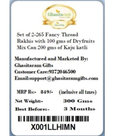 Ghasitaram Gifts Rakhi for Brother Rakhis Online - Set of 2-265 Fancy Thread Rakhis with 100 GMS of Dryfruits Mix Can 200 GMS of Kaju katli 2 Rakhi & 100g Dryfruits Mix Can 200g Kaju katli - Buy Online on GoSupps.com