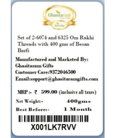 Ghasitaram Gifts Rakhi for Brother Rakhis Online - Set of 2-6074 and 6325 Om Rakhi Threads with 400 GMS of Besan Barfi - Buy Online on GoSupps.com