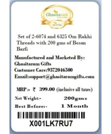 Ghasitaram Gifts Rakhi for Brother Rakhis Online - Set of 2-6074 and 6325 Om Rakhi Threads with 200 GMS of Besan Barfi - Buy Online on GoSupps.com