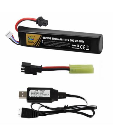 11.1V Airsoft Battery 2000mAh 452096 Lipo Airsoft Gun Batteries with SM-2P Connector and SM2P to Mini Tamiya Switch Cable for Airsoft Model Guns Rifle