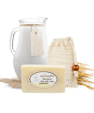 Herbal Rice Milk Soap + Natural Exfoliating Bag- Gentle Lather Moisturizing Organic Soap Collagen Glycerin Vitamin E Soap Bar 3.5oz (100g) / Bar Made in Thailand