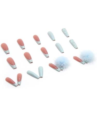 HJKOGH Autumn Winter New Fake Nails Press On Nails Cute Blue Hairball Long Ballerina False Nails with Designs French Coffin Nail Tips - Buy Online on GoSupps.com