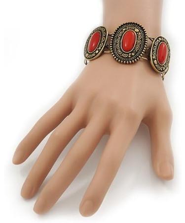 Avalaya Vintage Burn Gold Hammered Cuff Bangle with Red Stones | Adjustable Bracelet - Buy Online on GoSupps.com