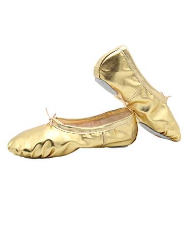 Womens Leather Ballet Belly Slippers Ballroom Dance Shoes with Suede Split-Sole 5 Gold