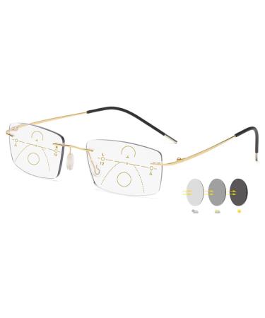 Vevesmundo photochrome reading glasses Blue light filter metal Titan sun reading glasses progressive multifocal anti blue light varifocal glasses for men 1 piece of gold 1.5 x