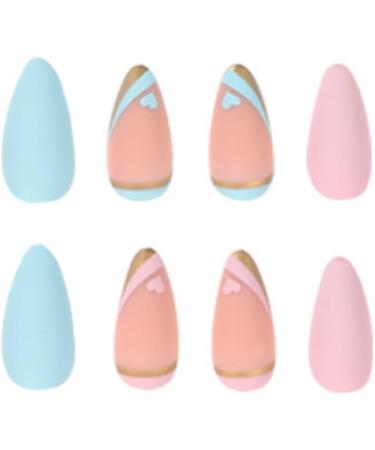 JUSTOTRY 24 Pcs Matte Stiletto Short False Nails | Heart Pattern Pale Pink & Blue French Press On Nails | Pretty Fake Nails with Nail Glue | Almond Medium Stick On Nails for Women - Buy Online on GoSupps.com