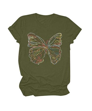 Women's Short Sleeve Tops Butterfly Abstract Art Line Print T-Shirts Casual Round Neck Graphic Tees Shirts Blouses Army Green Small