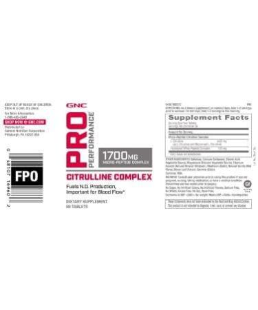 Buy GNC Pro Performance Citrulline Complex 1700mg - 60 Tablets for Enhanced Nitric Oxide & Healthy Blood Flow - International Shipping Available - Buy Online on GoSupps.com