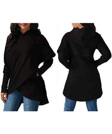 Bigfanshu Women's Long Sleeve Hooded Asymmetric Hem Wrap Hoodie Sweatshirt Outwear Tops Blouse Hot Black Medium - Buy Online on GoSupps.com