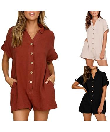 ESCBUKI Button Down Jumpsuit for Women Solid Color Knee Length Romper Dress Roll Up Short Sleeve Dressy Pantsuit Medium Red Flowy Dresses for Women