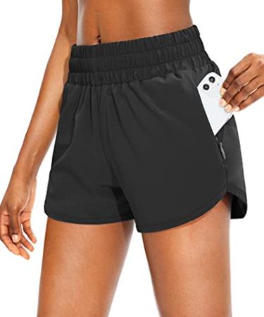 SANTINY Women's Running Shorts with Zip Pockets High Waisted Athletic Workout Gym Shorts for Women with Liner Black Medium