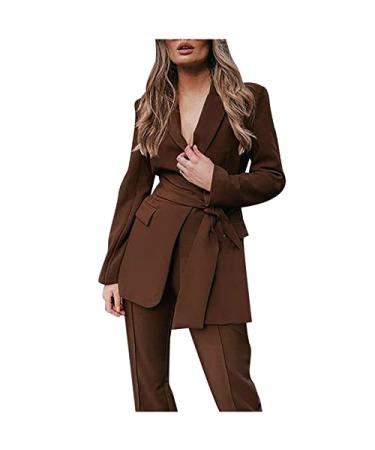 Women's Blazer Suits Two Pieces Business Sets Long Sleeve Belted Sets Jackets Slim Fit Work Pants Office Outfits Brown Large