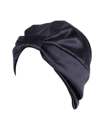 Women s Soft Silky Satin Turban Elastic Wide Band Satin Bonnet Night Sleep Hat Knotted Hair Loss Cap (Black)