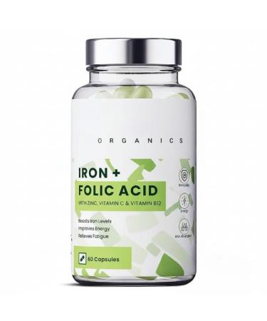 Iron + Folic Acid Supplement with Zinc Vitamin C & Vitamin B12 | 60 Veg Capsules | Supports Immunity and Energy | Enhances Iron Absorption| for Both Men & Women