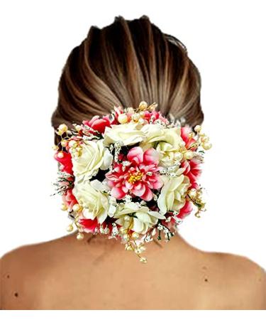 SHREEMEE Artificial Rose Flowers Pearl Hairpin/ Judapin/ Juda Bun For Wedding Bridal Hair Accessories For Women and Girls- Red and Cream