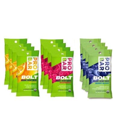 Probar Bolt Organic Energy Chews Set Mixed Berry Orange and Raspberry - Four of Each Flavor Box of 12