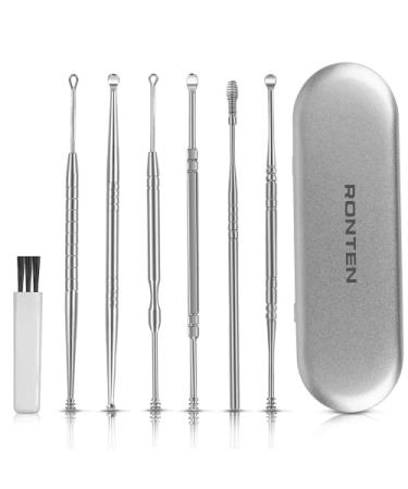 RONTEN 6pcs Ear Pick Earwax Removal Kit  Stainless Steel Ear Cleaning Tools with Storage Box and Cleaning Brush  Silver