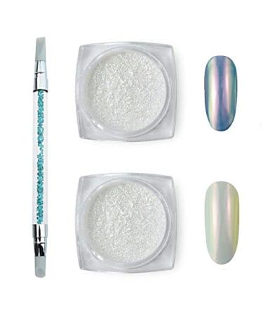 MEILINDS Chrome Nail Powder  Aurora Nail Powders Mermaid Nail Chrome Powder  Opal Iridescent Mica Powder for Nails  Magic White Chrome Nail Art Pigment with Silicone Brush (2 Boxes) assorted