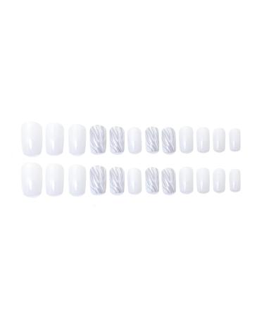 Justotry 24 Piece Silver Swirl Press On Nails | Angular Medium Milky French Artificial Acrylic Nails for Women - Buy Online on GoSupps.com