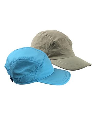N'Ice Caps Kids SPF 50+ UV Protection Adjustable Mesh Lined Sun Cap - 2 Pack Bundle Blue & Tan 8-12 Years